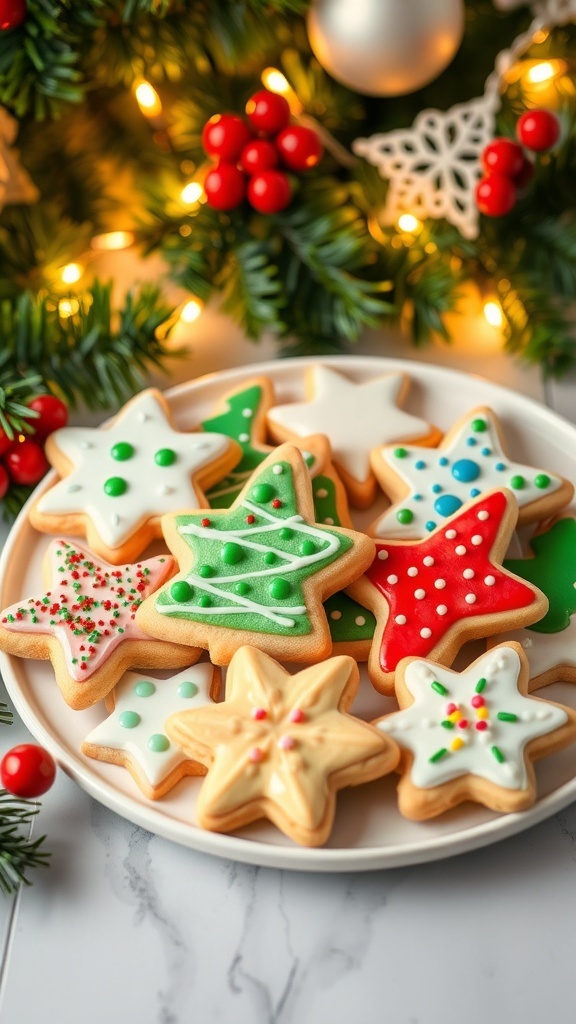 A plate of decorated Christmas sugar cookies in festive shapes with colorful icing and sprinkles.